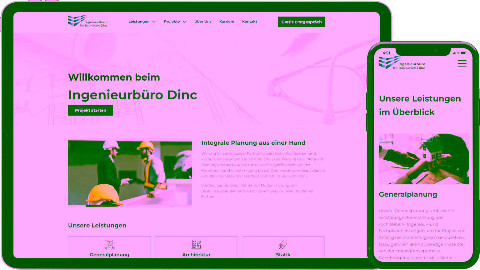 Webdesign Referenz Projekt IB-Dinc Ingenieurbüro auf PC und Smartphone