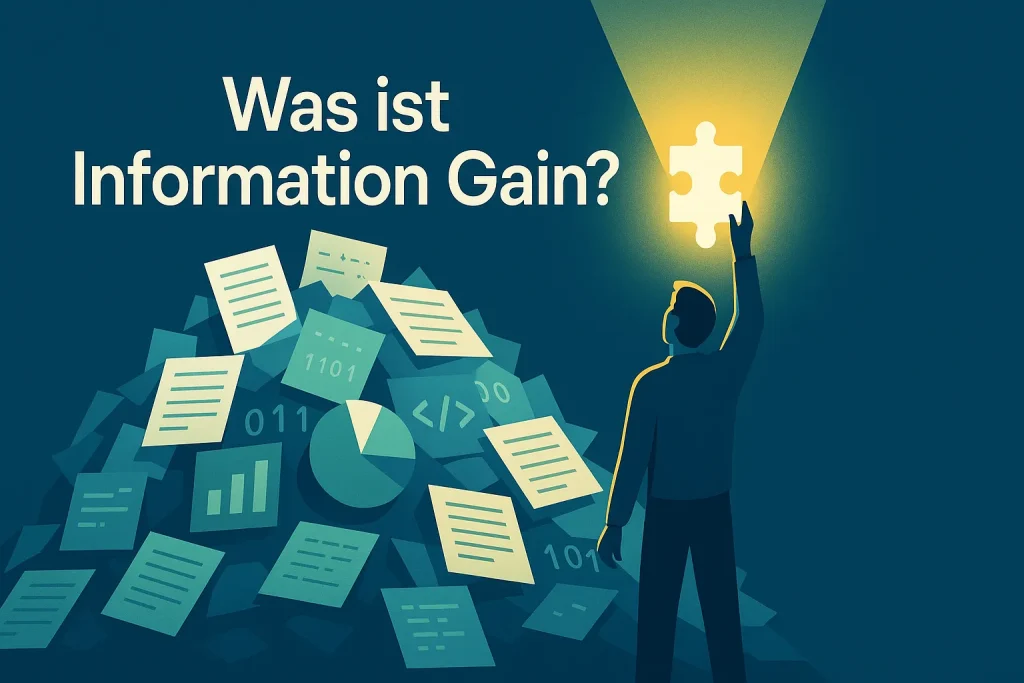 Eine Person steht vor einem Berg aus Daten und hebt ein leuchtendes Puzzlestück – Symbol für Informationsgewinn – in die Luft.